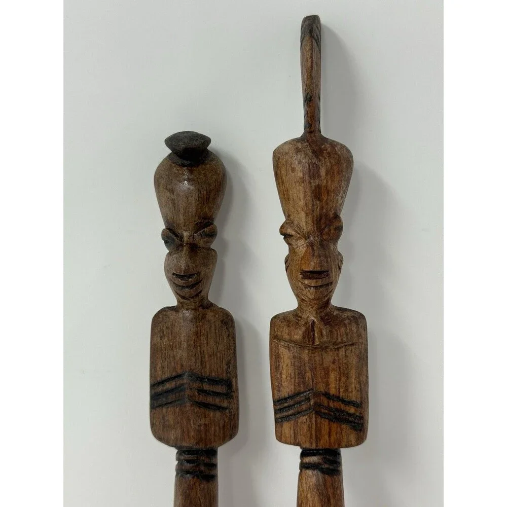 5pc Wood Serving Set 12in Bowl Spoon Fork Carved Giraffe Handles African